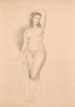 19th Century English School. A Standing Female Nude, Watercolour and pencil, unframed 15" x 10.5" (