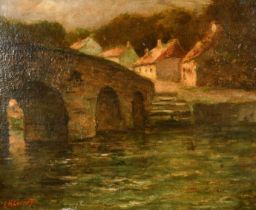 E Law Bois (20th Century) European. Cottages by a River, Oil on canvas laid down, Indistinctly