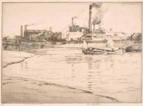 Leslie Moffat Ward (1888-1978) British. "Low Tide, Hammersmith", Etching, Signed, inscribed and