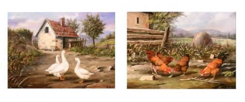 Levi (20th-21st Century) European. Geese by a Cottage, Oil on panel, Signed, 5" x 7" (12.7 x 17.8cm)