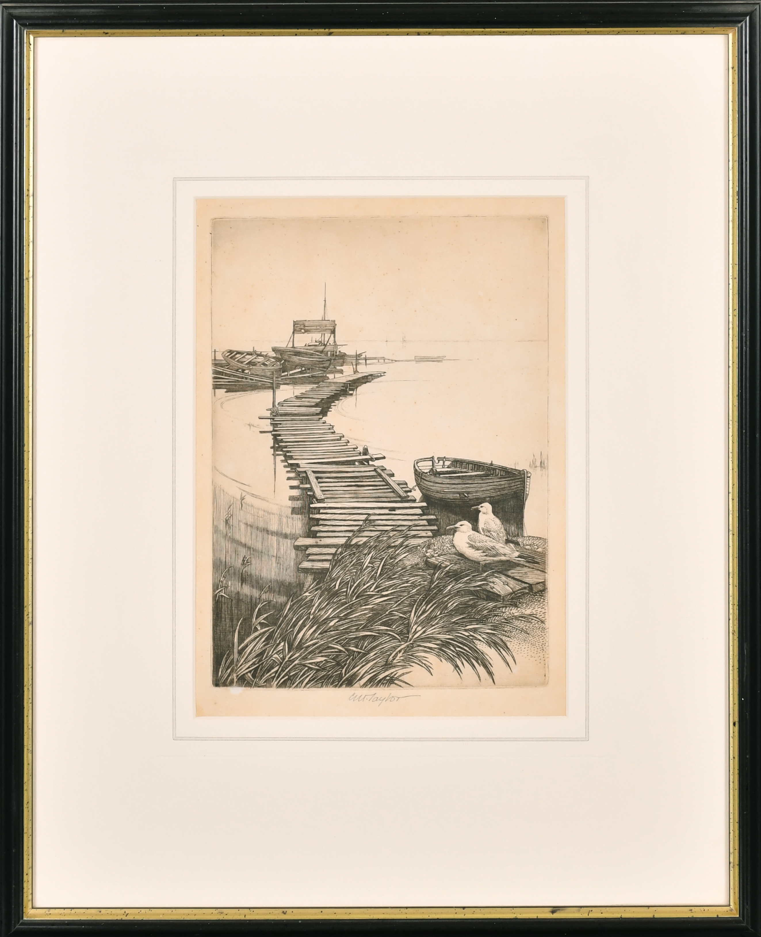 Charles William Taylor (1878-1960) British. A Wooden Jetty, Etching, Signed in pencil, 8" x 5.75" ( - Image 2 of 3