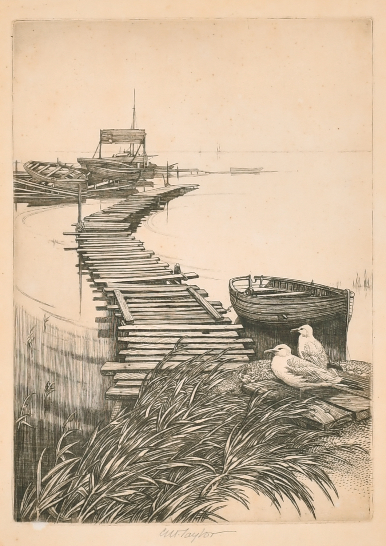 Charles William Taylor (1878-1960) British. A Wooden Jetty, Etching, Signed in pencil, 8" x 5.75" (