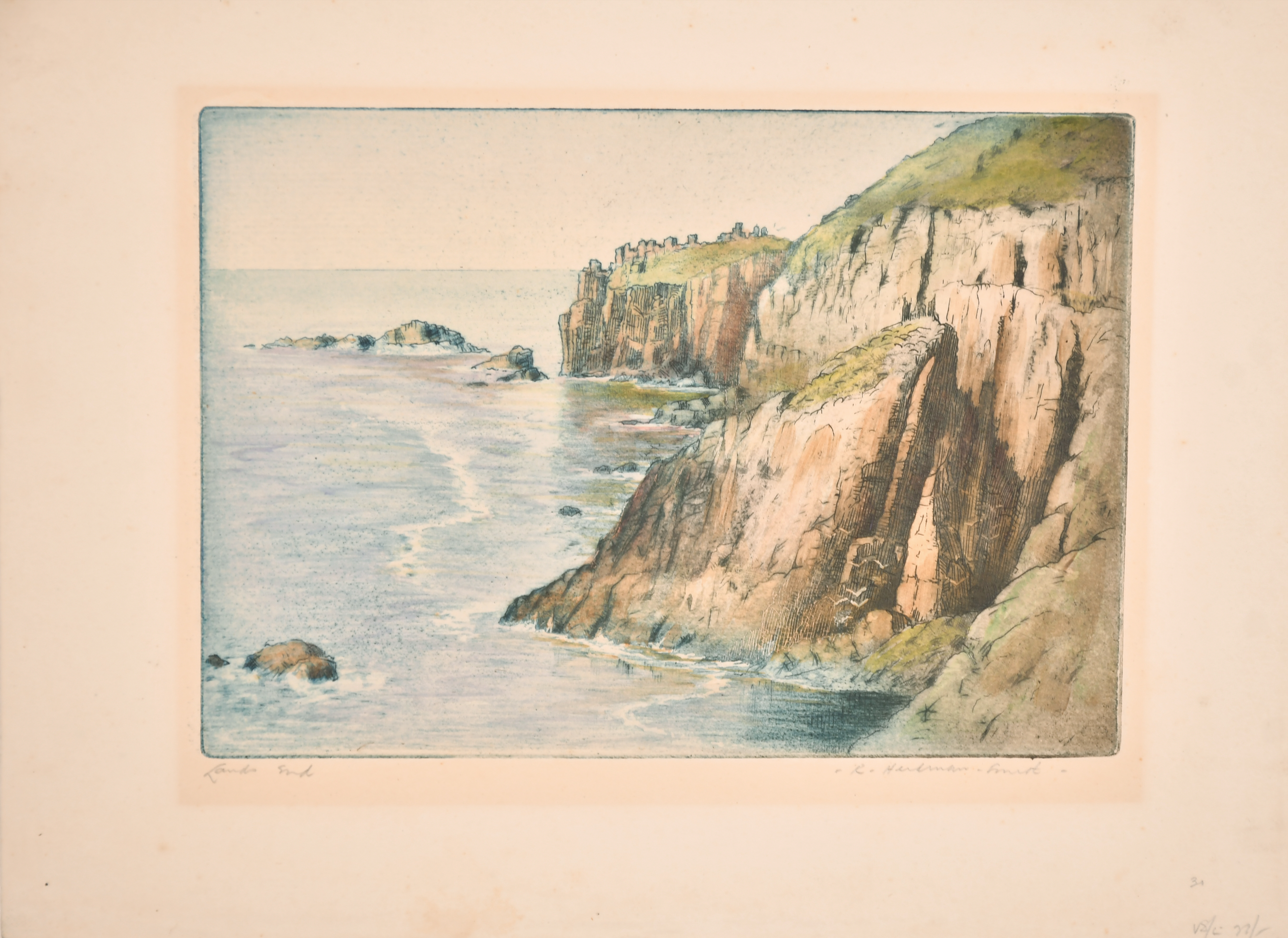 Robert Herdman-Smith (1879-1945) British. "Kynance Cove", Engraving in colours, Signed and inscribed - Image 3 of 5