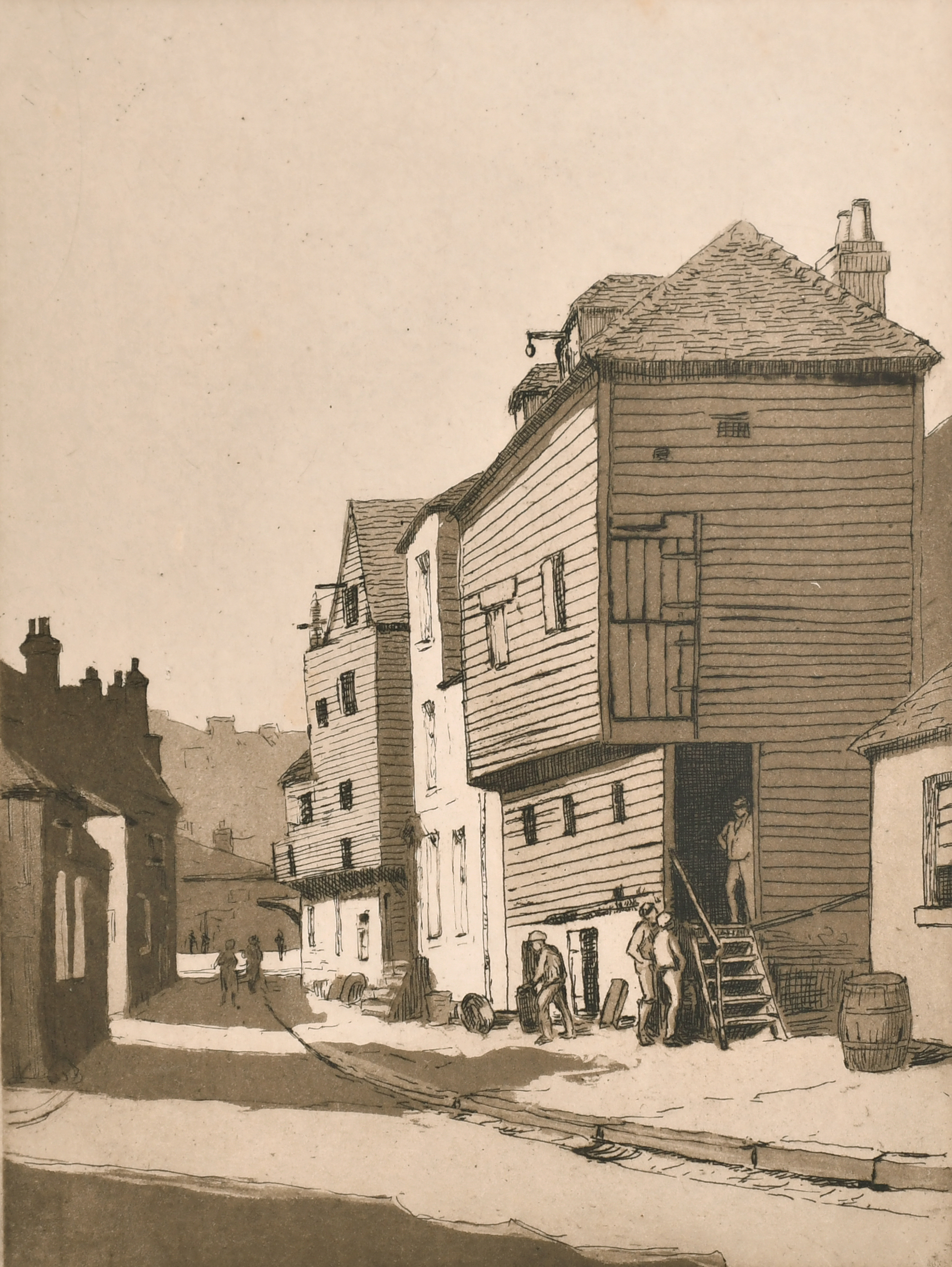 M A Davie (20th Century) British. Study of Wooden Clad Buildings, Etching, Signed in pencil,