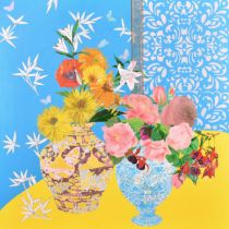 20th-21st Century English School. Still Life of Flowers in Vases, Oil on canvas, unframed 29.75" x