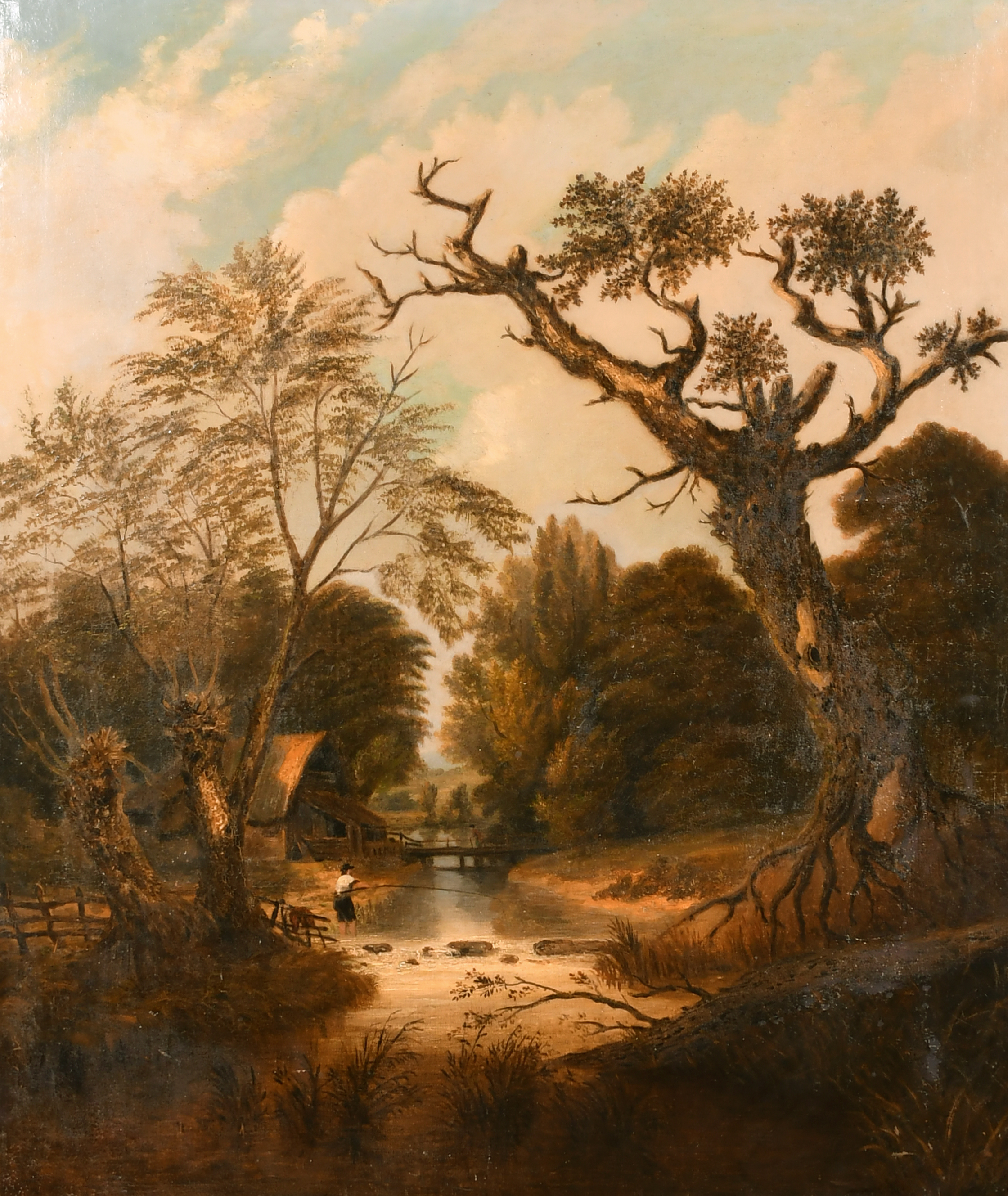 19th Century English School. Figure Fishing in a River Landscape, Oil on canvas, 29.5" x 25" (74.9 x