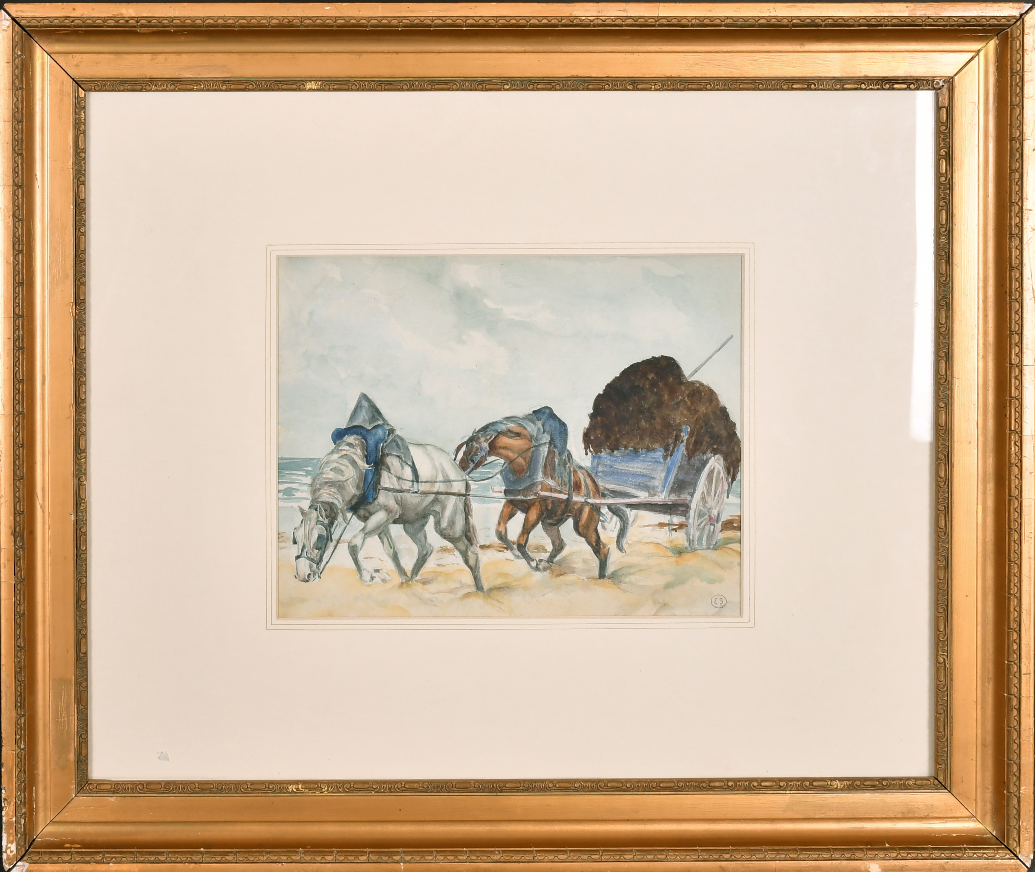 Circle of Edward William Stott (1859-1918) British. Horses Pulling in the Kelp, Watercolour, Bears - Image 2 of 4