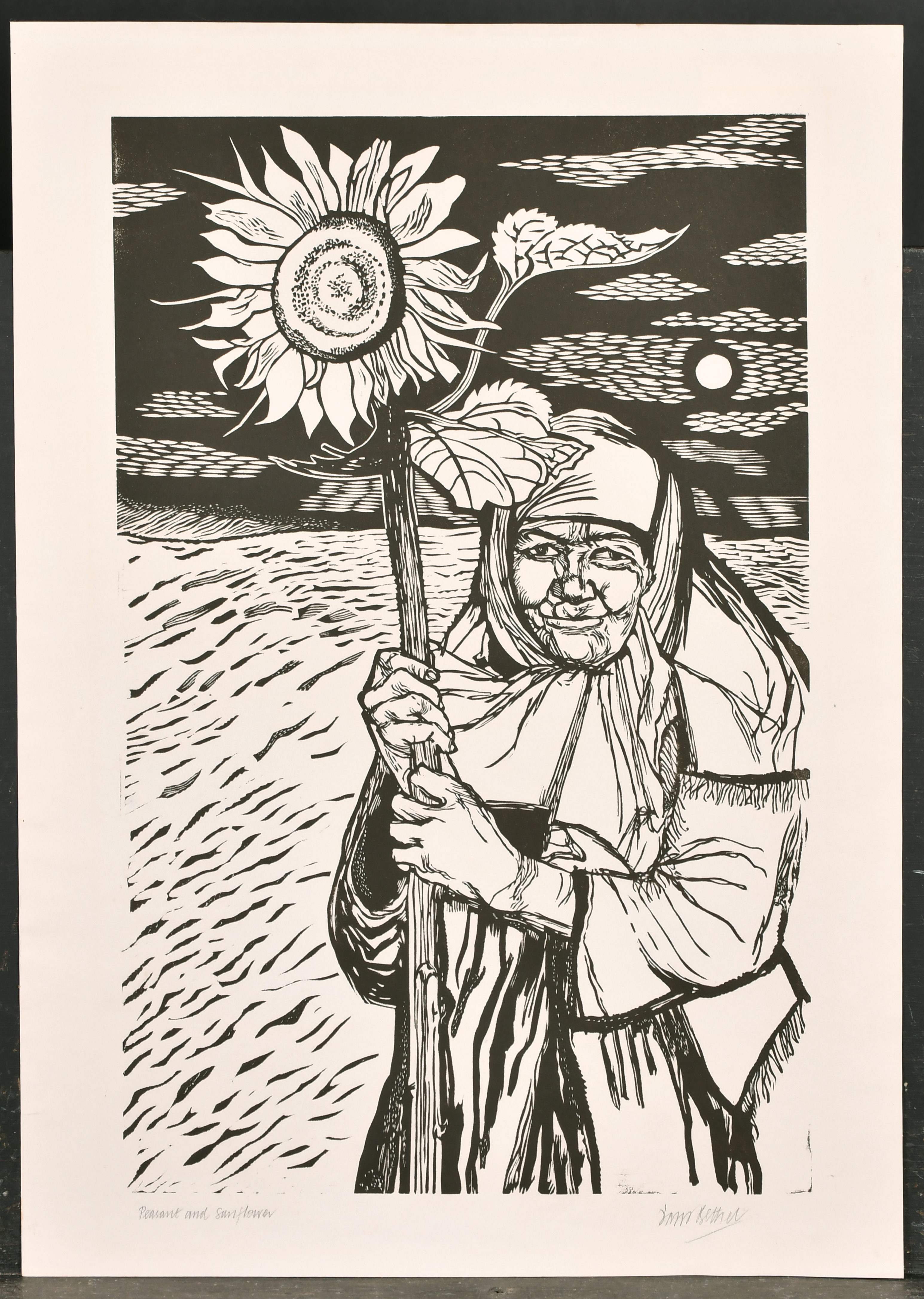 David Bethel (1923-2006) British. "Peasant and Sunflower", Linocut, Signed and inscribed in - Image 2 of 6