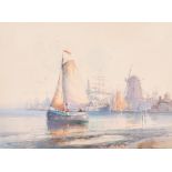 Wilfred Knox (1884-1966) British. 'Amsterdam Harbour', Watercolour, Signed, 10.5" x 14.25" (26.7 x