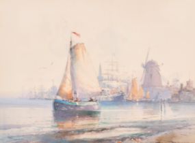 Wilfred Knox (1884-1966) British. 'Amsterdam Harbour', Watercolour, Signed, 10.5" x 14.25" (26.7 x