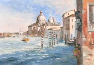 S J Andrews (20th-21st Century) British. A Venetian Scene, Oil on canvas, Signed, 10" x 13.75" (25.4