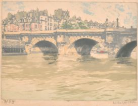 20th Century European School. On The Seine, Linocut, Indistinctly signed and numbered 7/25 in