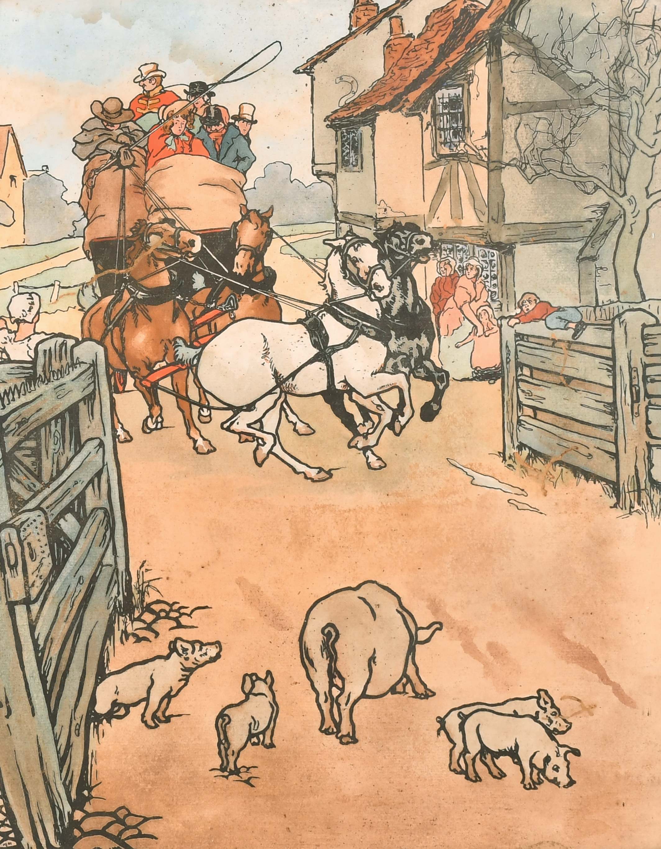 After Cecil Aldin (1870-1935) British. A Coaching Scene with Pigs in the foreground, Print, 18" x