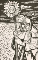 David Bethel (1923-2006) British. "Peasant and Sunflower", Linocut, Signed and inscribed in