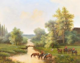 Edwards (20th-21st Century) British. Military Figures Watering Their Horses, Oil on canvas,