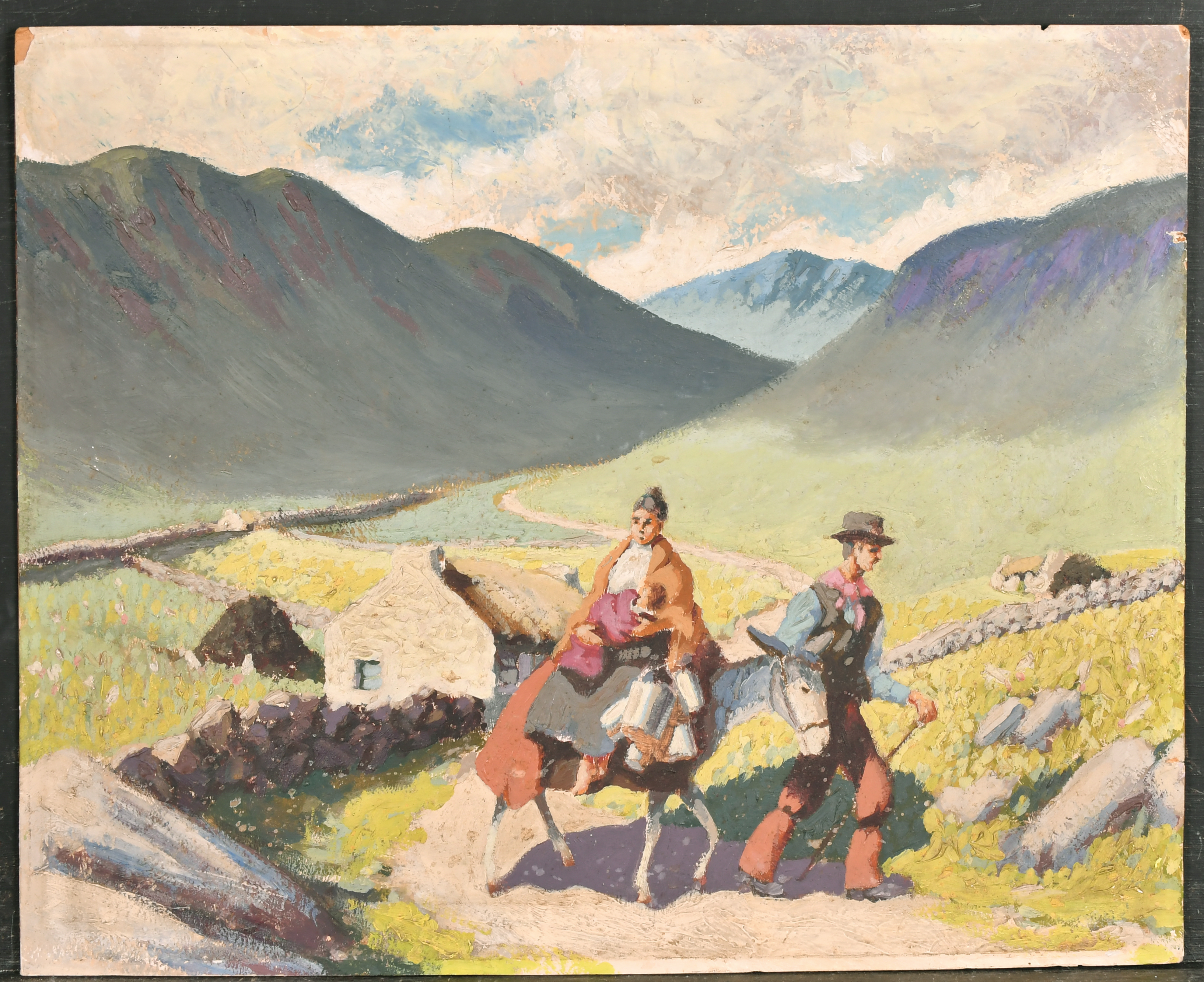 20th Century Irish School. Travellers on a Mountain Path, Oil on board, unframed 14.5" x 18.5" (36.8 - Image 2 of 3