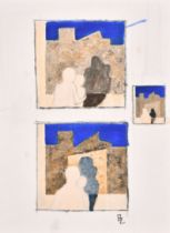 Genevieve Zondervan (1922-2013) French. Three Sketches of Figures by a Building, Gouache, Signed