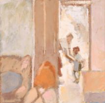 Brenda Holtam (1960- ) British. Figures in a Doorway, Oil on board, Inscribed verso, 4.5" x 4.5" (