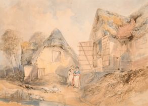 Thomas Colman Dibdin (1810-1893) British. Figures by Farm Buildings, Watercolour, Signed and dated