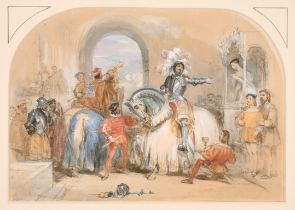 George Cattermole (1800-1868) British. "Ivanhoe", Watercolour, Inscribed on a label verso, Arched 6"