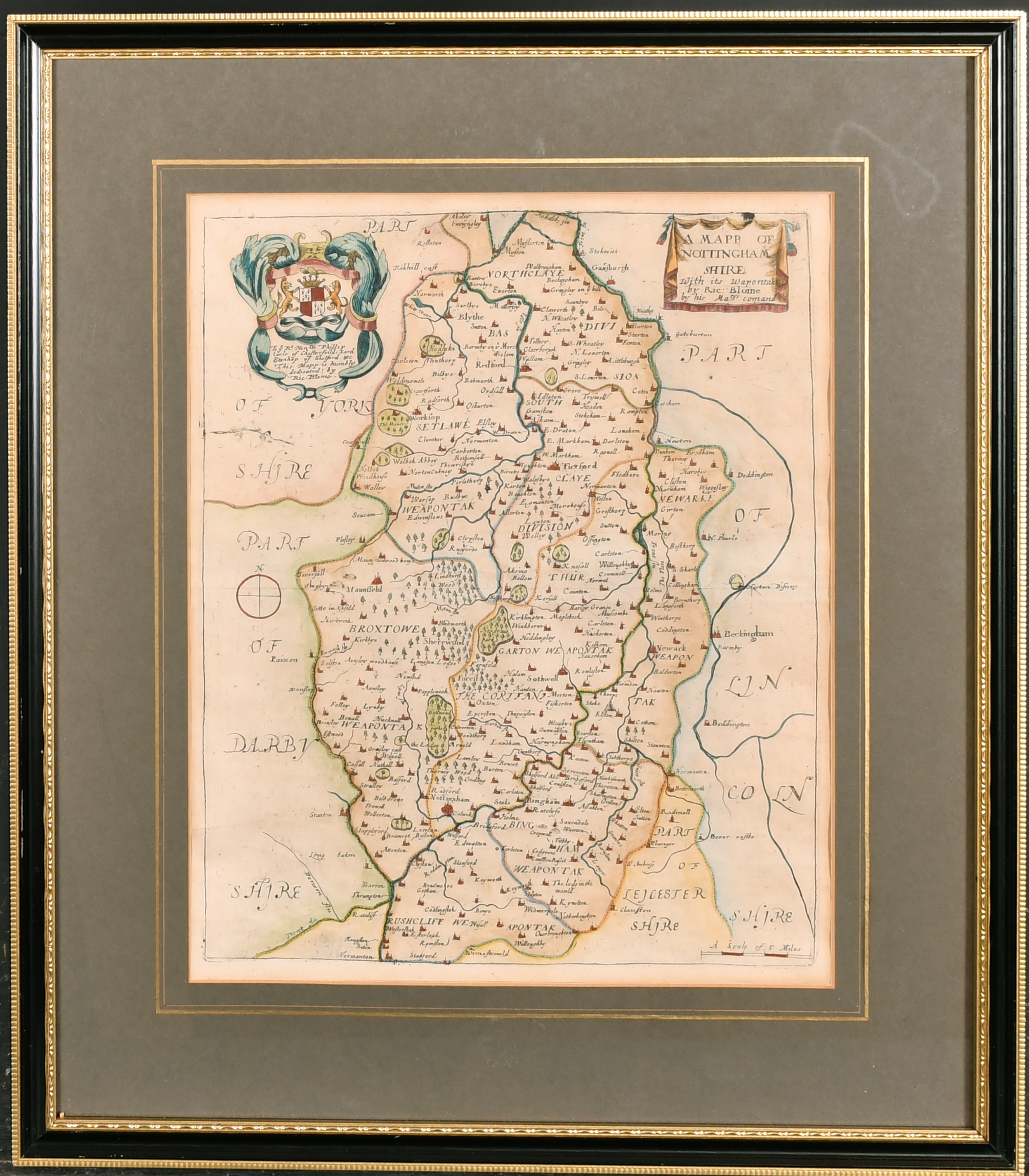Richard Blome (1635-1705) British. "A Mapp of Nottingham Shire", Map, 12.5" x 10" (31.8 x 25.4cm) - Image 2 of 3