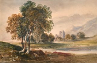 Edward Oram (fl.1766-1810) British. A River Landscape with distant Ruins, Watercolour, Inscribed