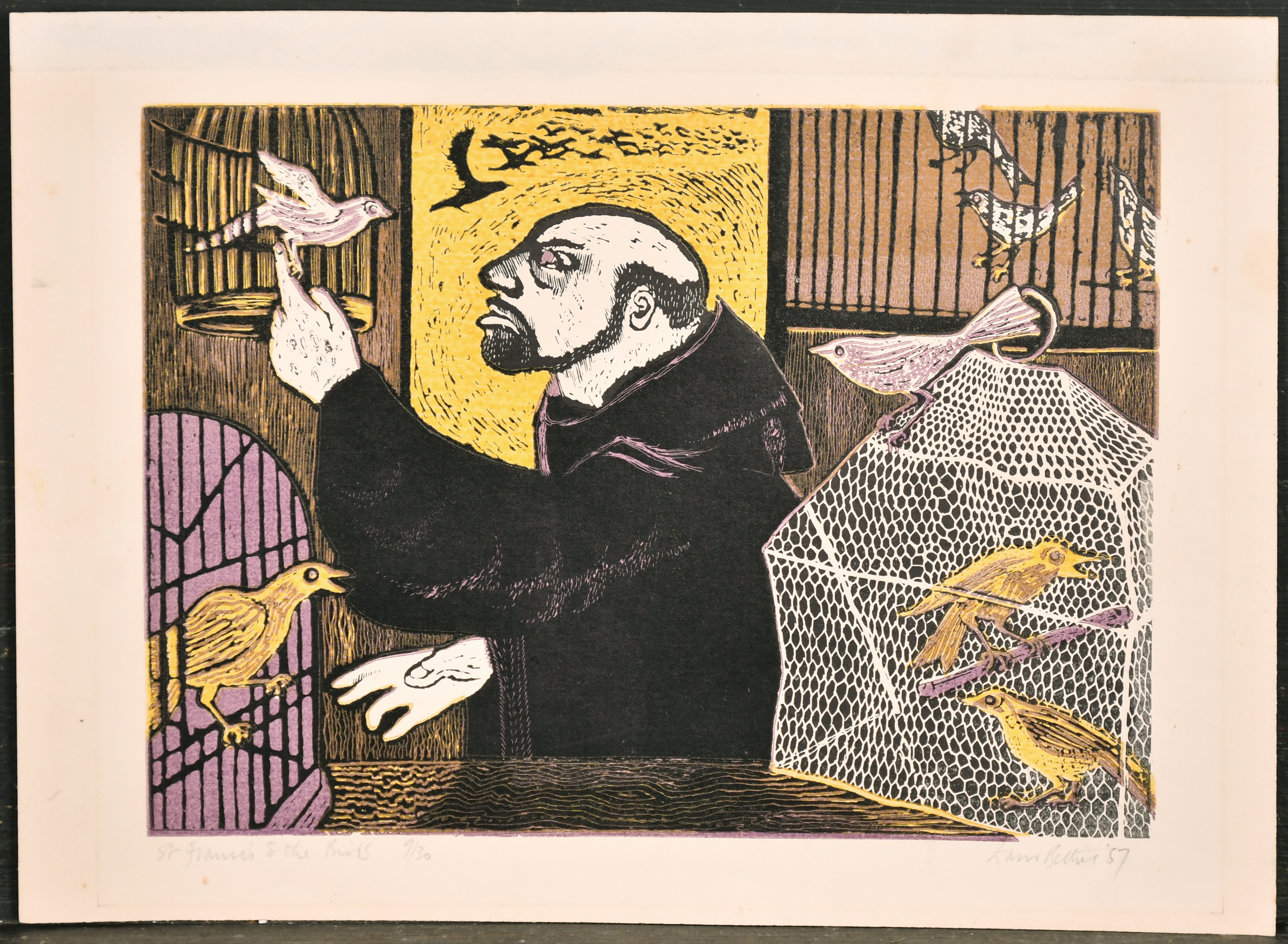 David Bethel (1923-2006) British. "St Francis & The Birds", Linocut, Signed, inscribed, dated '57 - Image 2 of 3