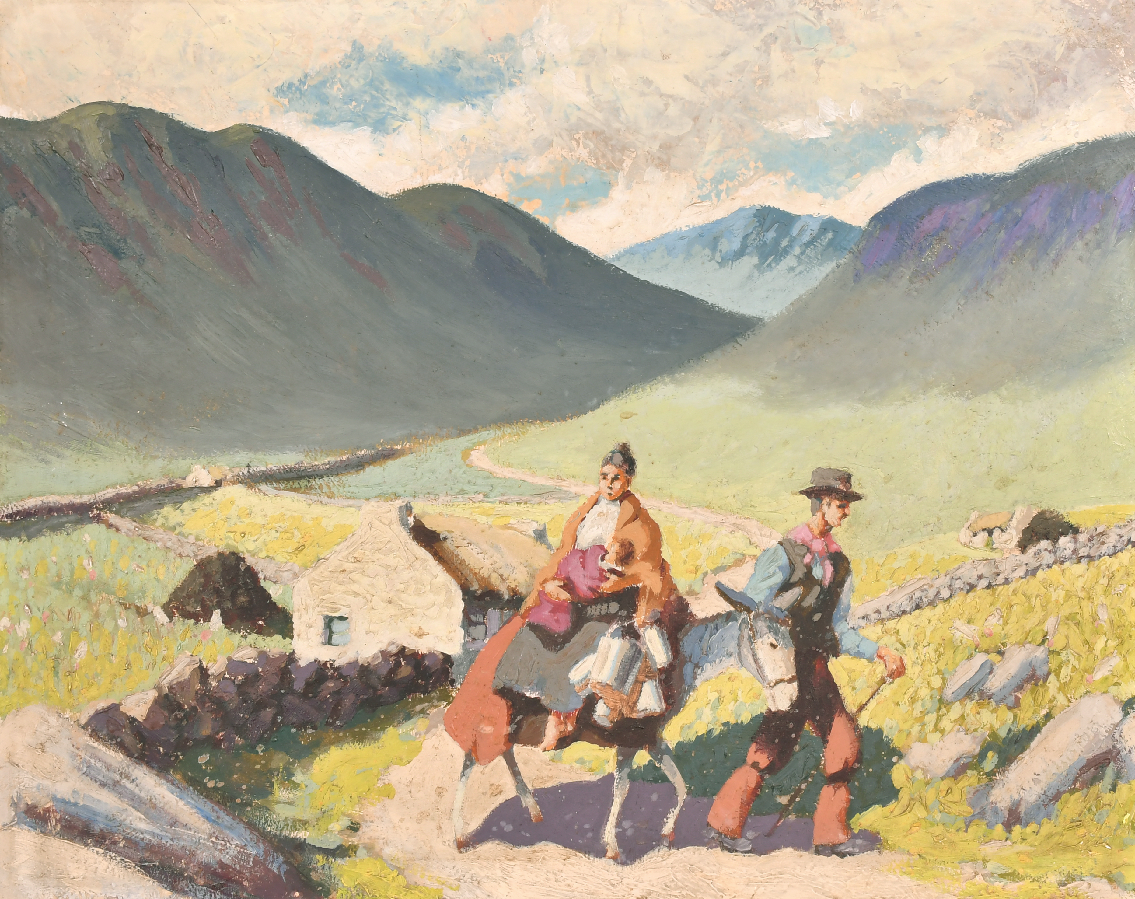 20th Century Irish School. Travellers on a Mountain Path, Oil on board, unframed 14.5" x 18.5" (36.8