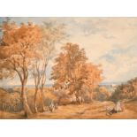 19th Century English School. Figures on a Hillside, Watercolour, 9" x 12.25" (22.8 x 31.1cm)