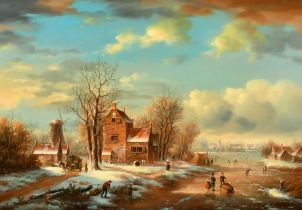 G Schroter (1928-2012) European. A Dutch Winter Scene, Oil on panel, Signed, 11.5" x 15.5" (29.2 x