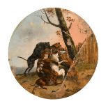 19th Century European School. Dogs Attacking a Bear, Oil on canvas laid down, Circular, unframed 6.