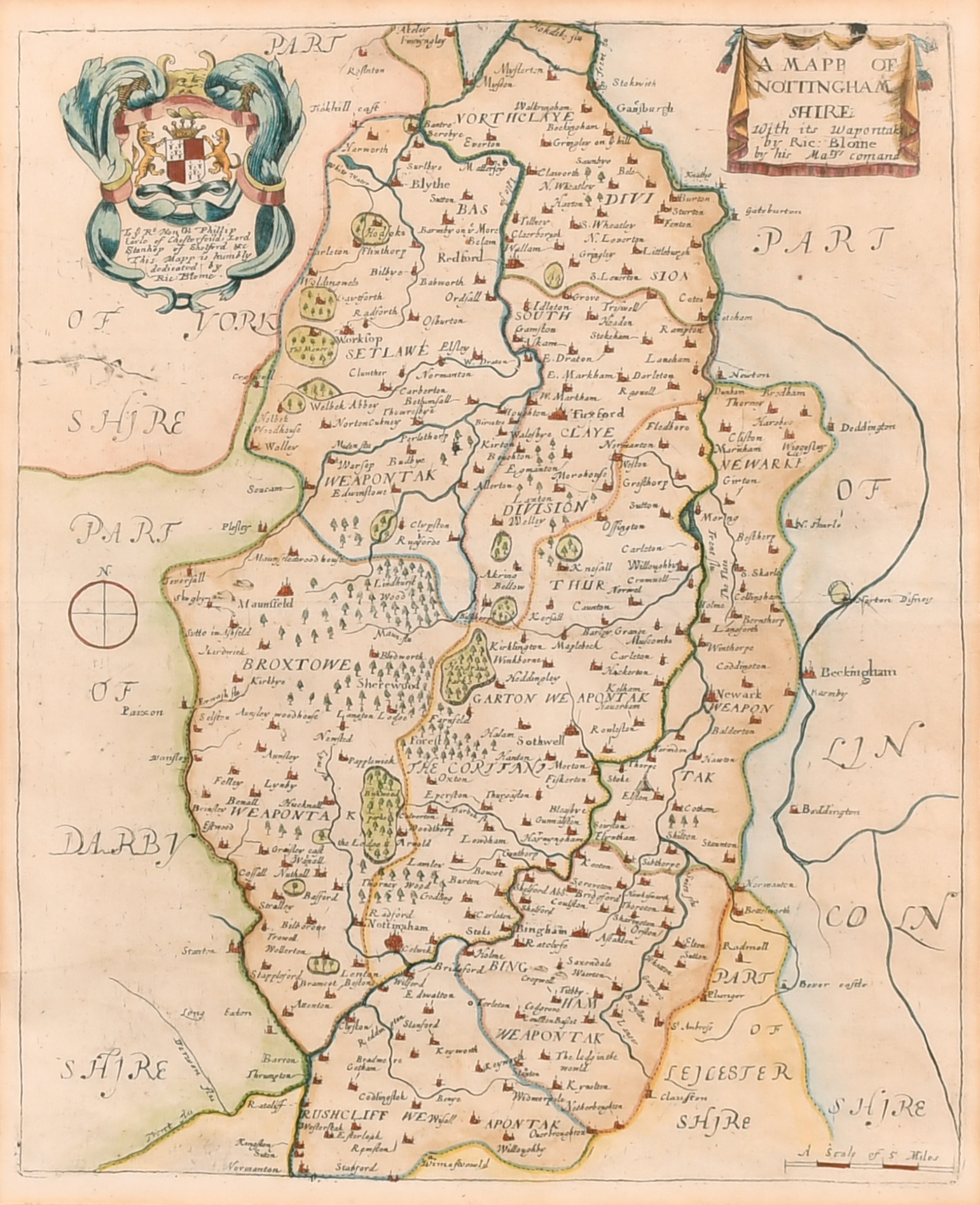 Richard Blome (1635-1705) British. "A Mapp of Nottingham Shire", Map, 12.5" x 10" (31.8 x 25.4cm)