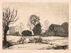 George Clausen (1852-1944) British. "Rickyard; Frosty Morning", Etching, Signed and inscribed in