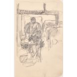 Harry Becker (1865-1928) British. "Man with Buckets in The Barn", Pencil from a sketchbook,