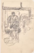 Harry Becker (1865-1928) British. "Man with Buckets in The Barn", Pencil from a sketchbook,