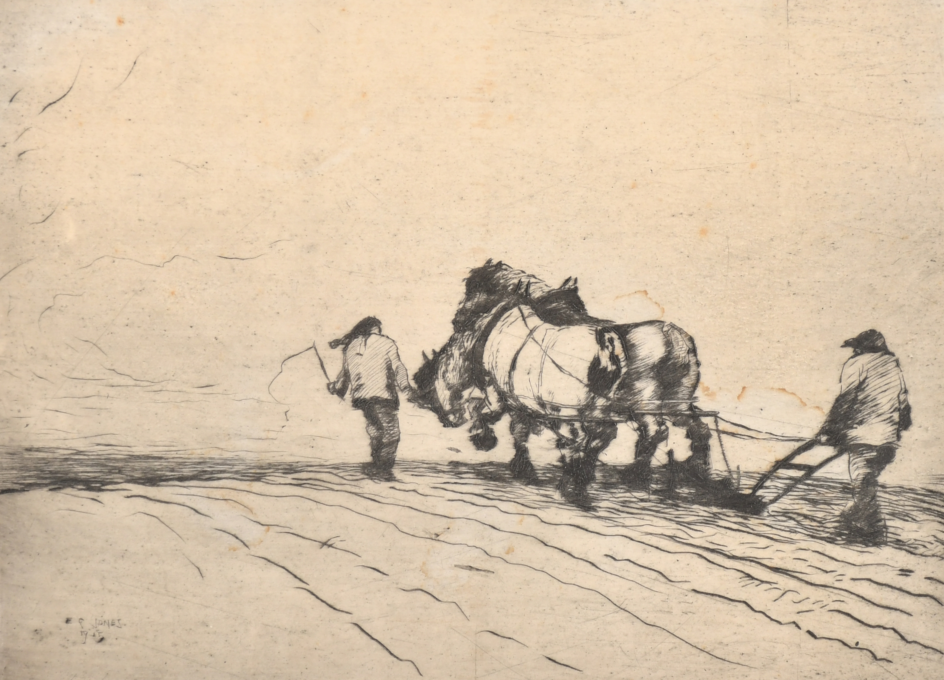 F Jones (19th Century) British. "Ploughing", Drypoint, Inscribed in pencil, unframed 6" x 8" (15.2 x
