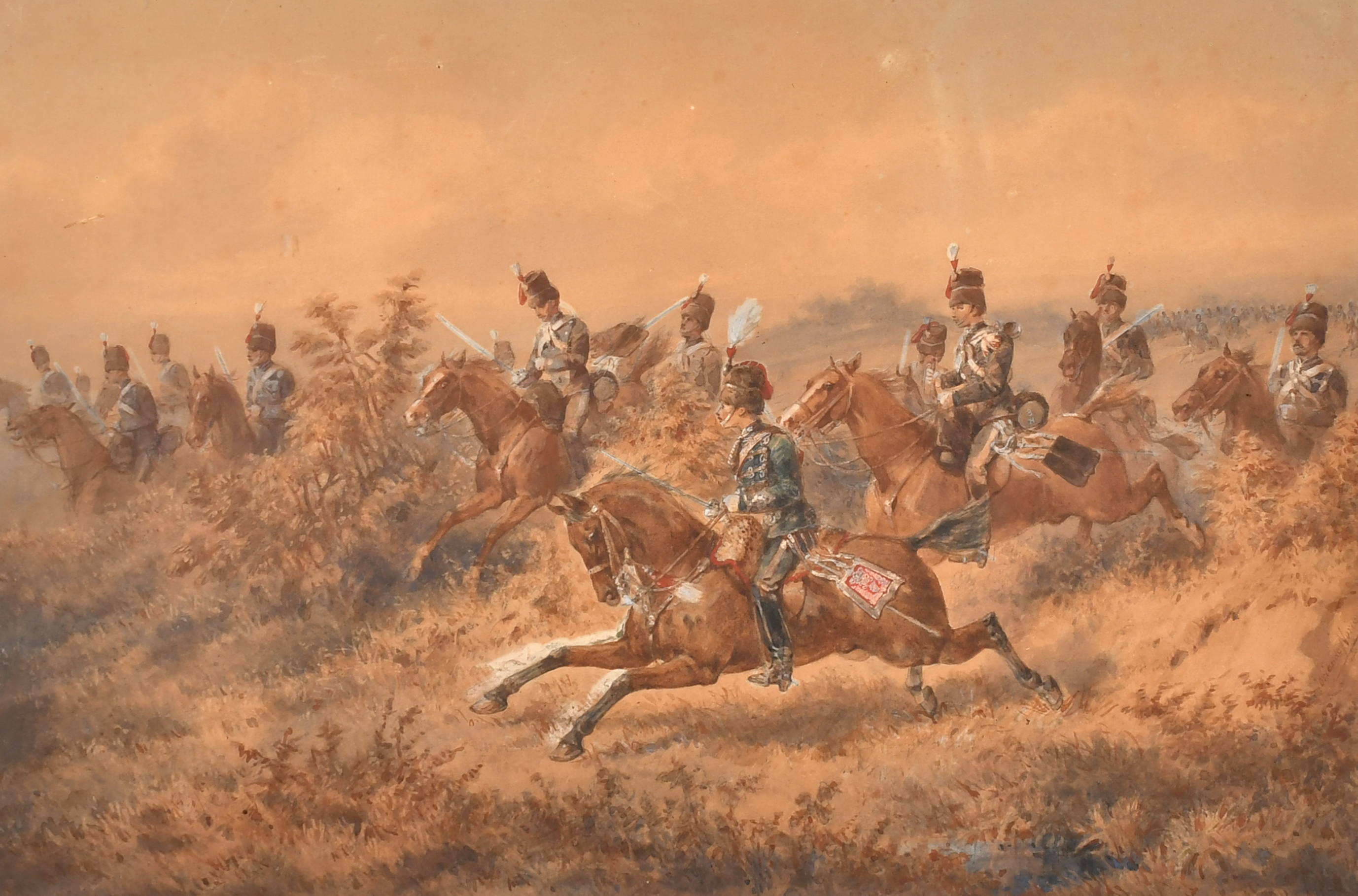 Orlando Norie (1832-1901) British. The 8th Hussars Charging, Watercolour, Signed, 13.25" x 20" (33.6