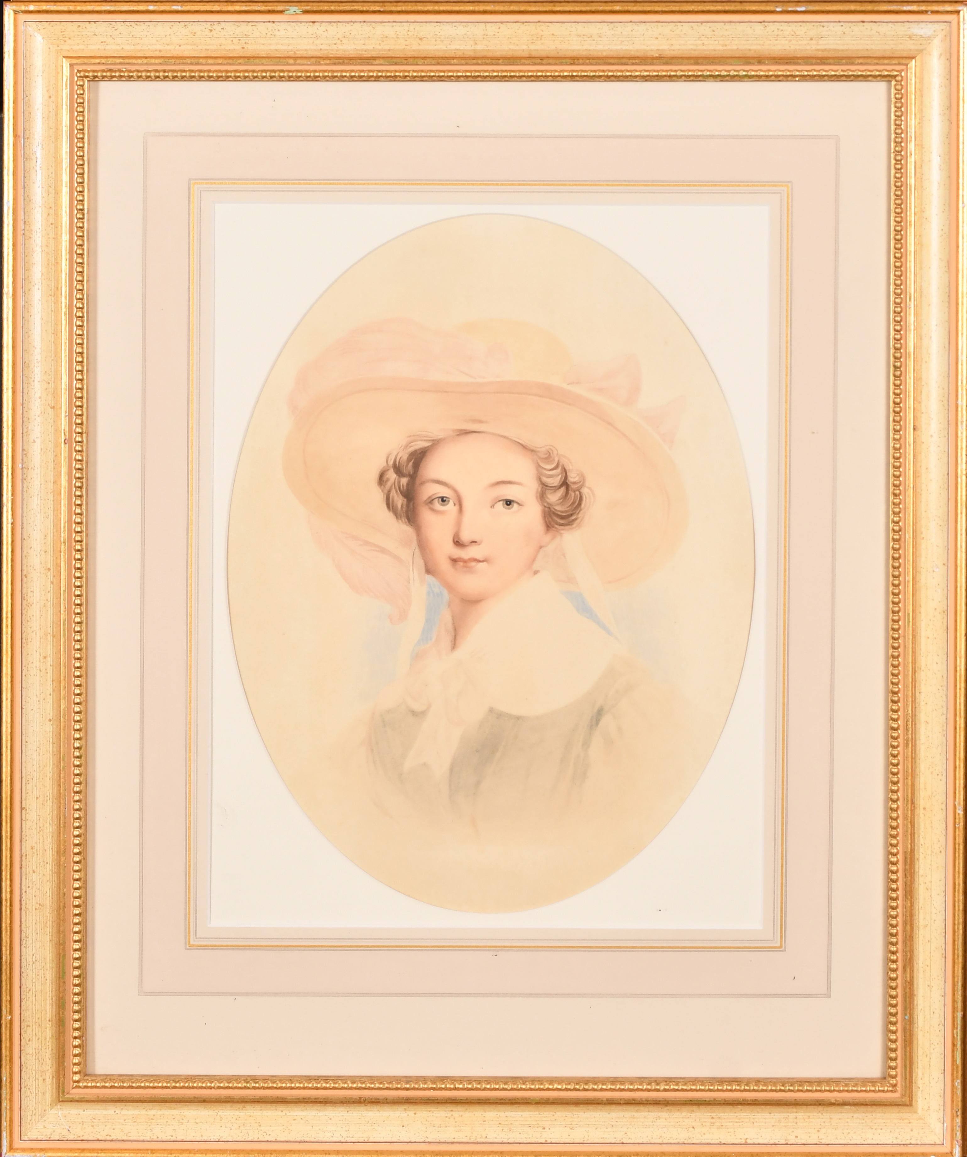 19th Century English School. Portrait of a Young Lady wearing a Hat, Watercolour, Oval, 12.5 x 9. - Image 2 of 3