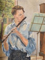 Noel Gilford Adeney (1890-1978) British. Portrait of Richard Adeney Playing The Flute, Oil on