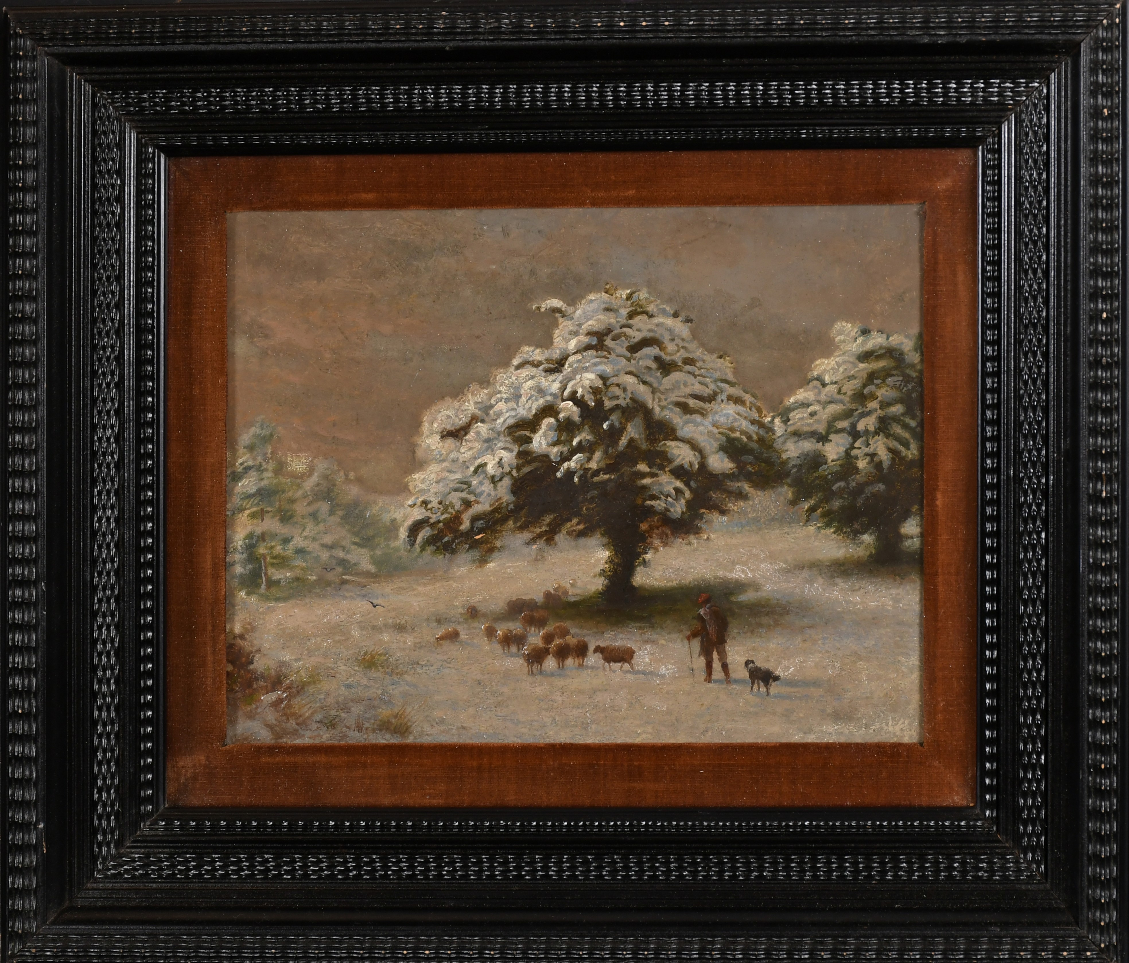 19th Century English School. Shepherd and Flock in a Winter Landscape, Oil on board, 8" x 10.5" ( - Image 2 of 3
