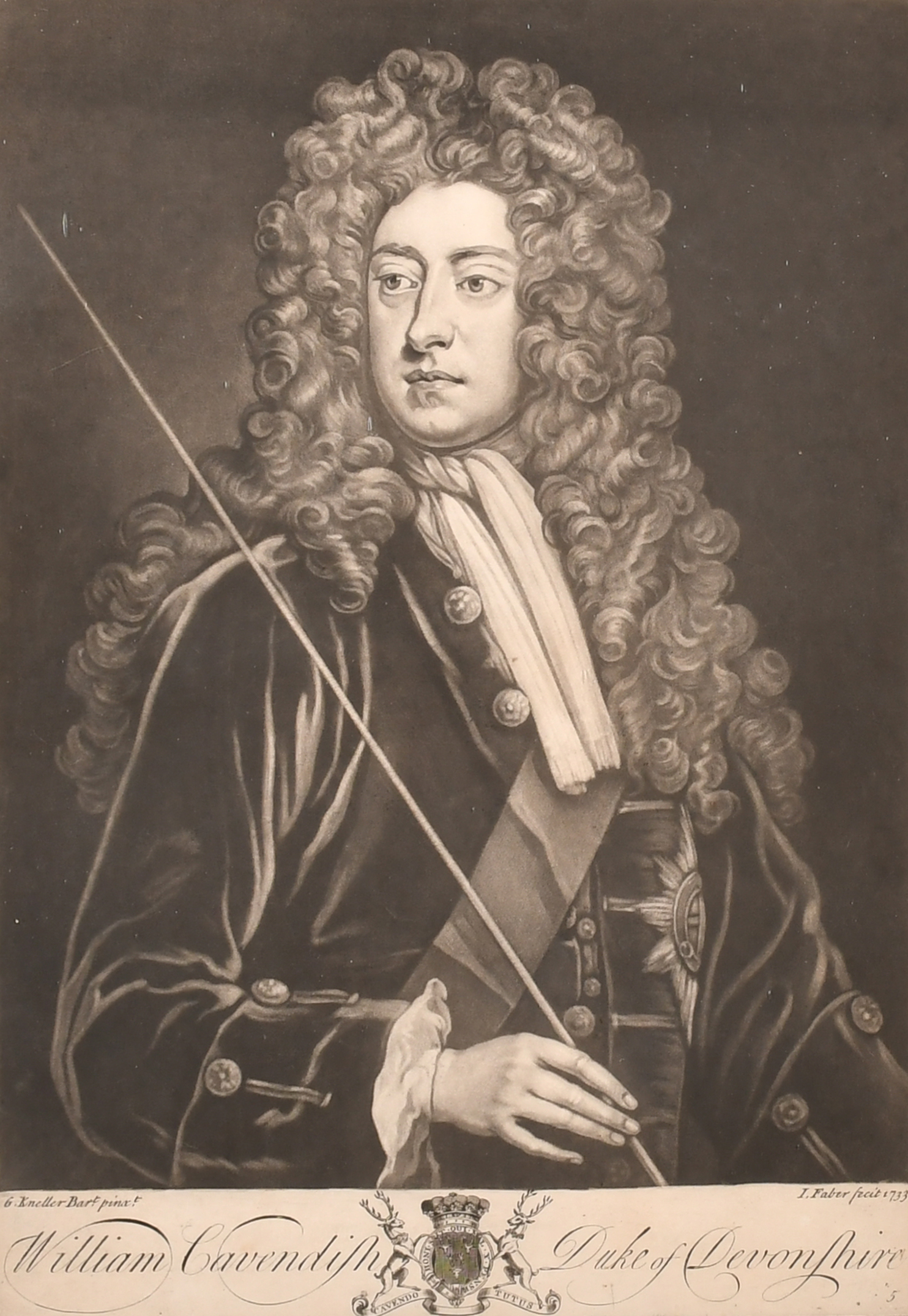 After Godfrey Kneller (1646-1723) German/British. William Cavendish, Duke of Devonshire, Mezzotint