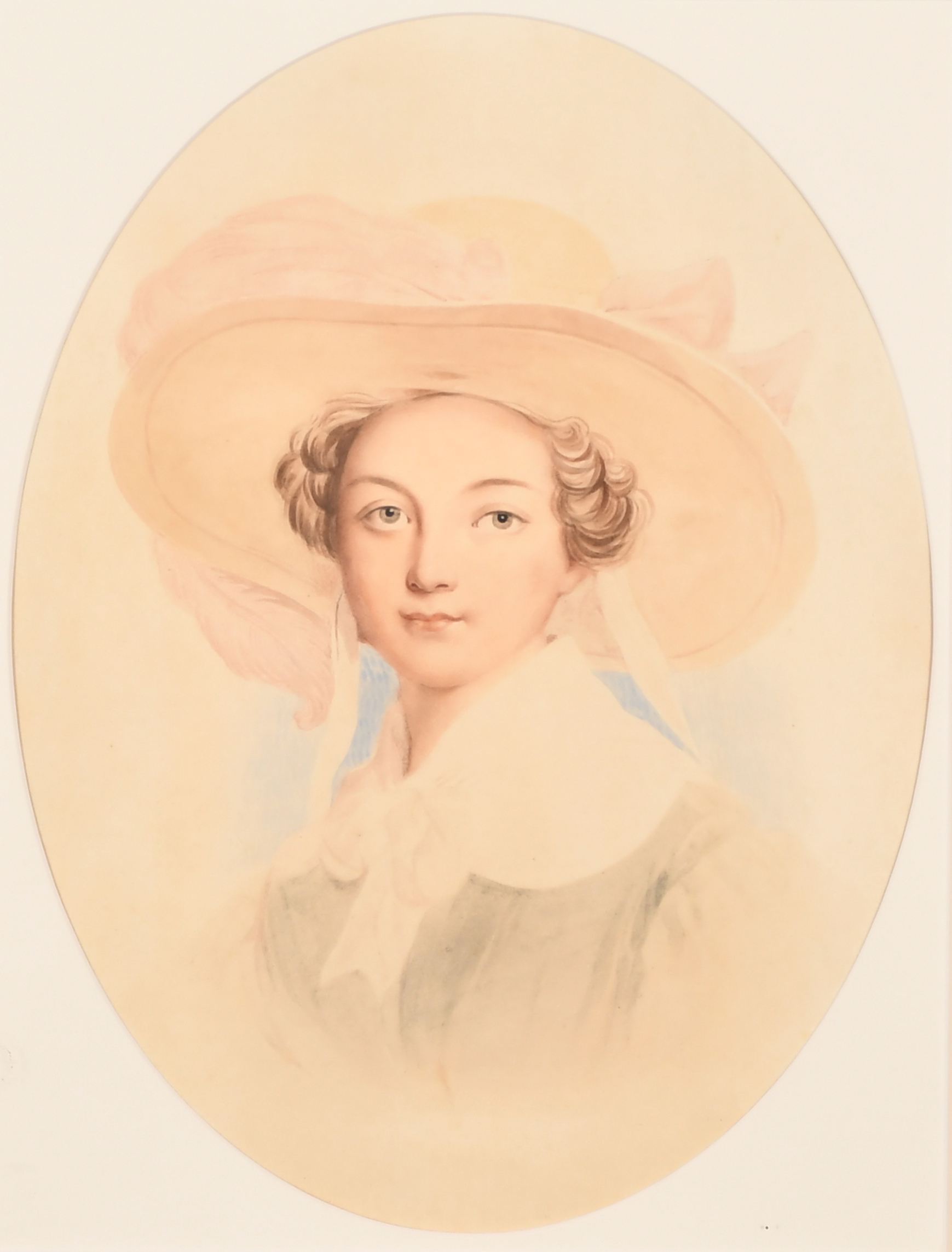 19th Century English School. Portrait of a Young Lady wearing a Hat, Watercolour, Oval, 12.5 x 9.