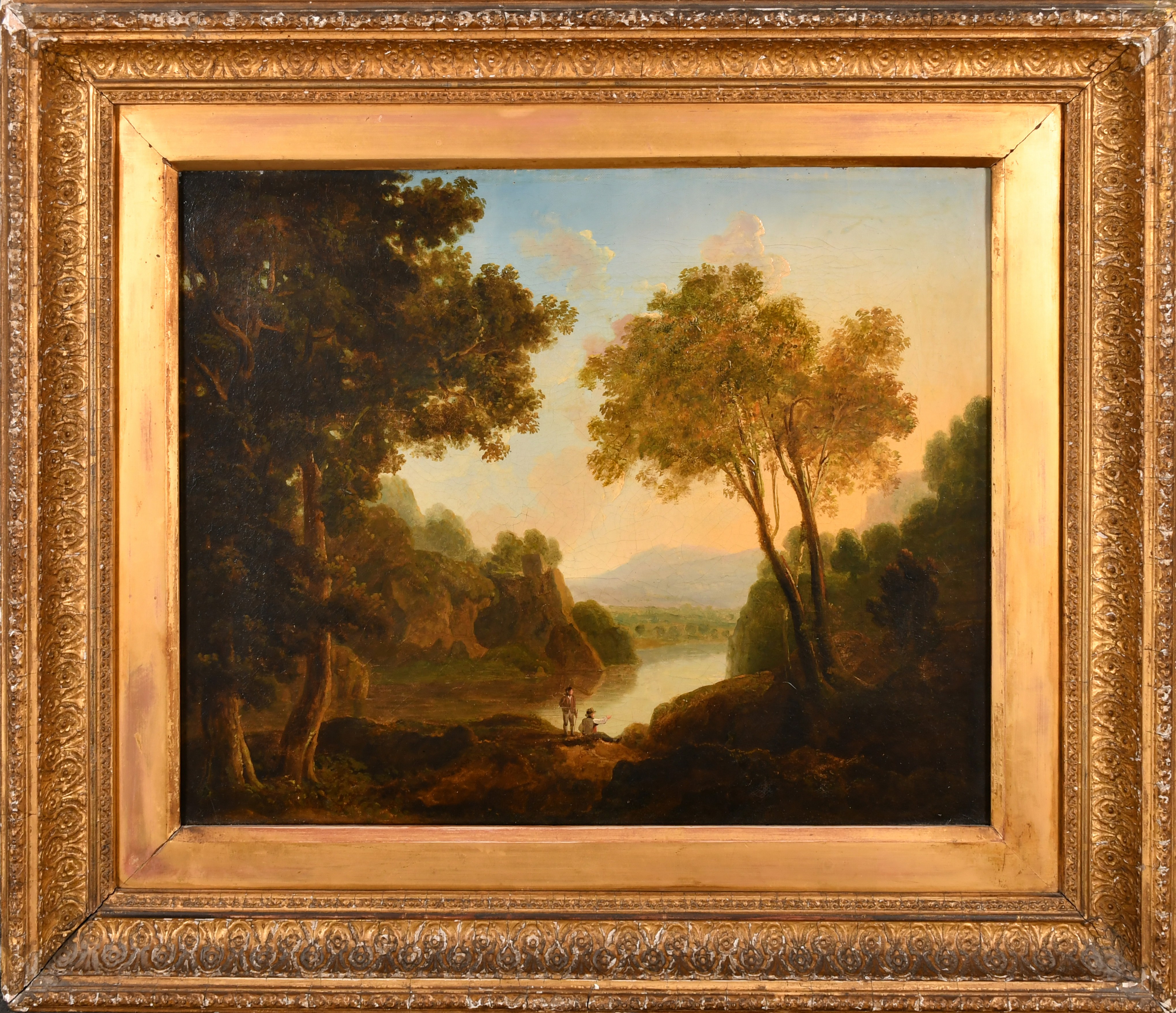 Early 19th Century English School. Figures Fishing in a River Landscape, Oil on canvas, 14" x 17.25" - Image 2 of 4