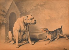 Samuel Howitt (1756/57-1822) British. Two Dogs by a Kennel, Ink and watercolour, Signed, 10.5" x