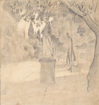 Alberto Micheli Pellegrini (1870-1943) Italian. A Study of a Statue in a Park, Pencil, 9.5" x 9" (