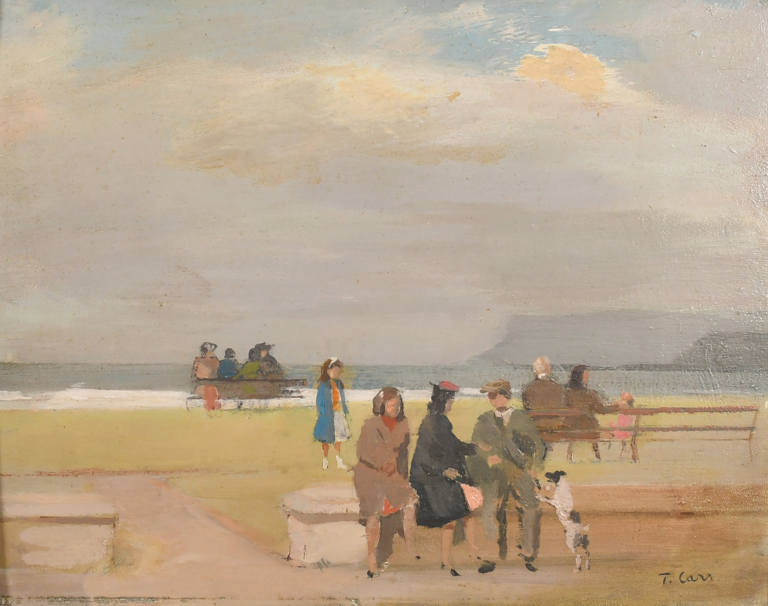 Thomas James Carr (1909-1999) Irish. Seated Figures on the Sea Front, Oil on panel, Signed, 12.75" x