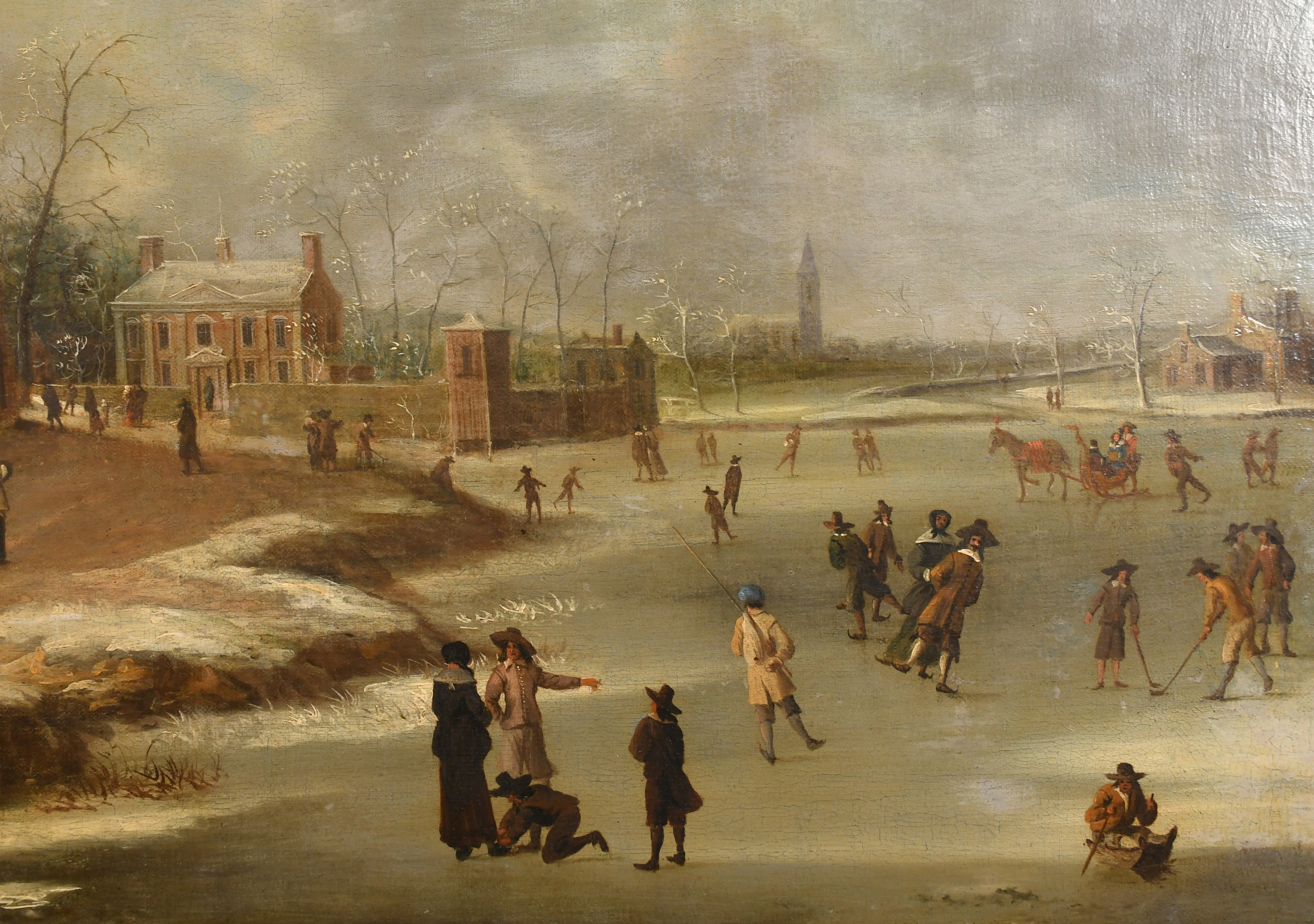 Manner of Abraham Beerstraaten (1643-1666) Dutch. A Winter Scene with Figures Skating, a church - Image 5 of 7