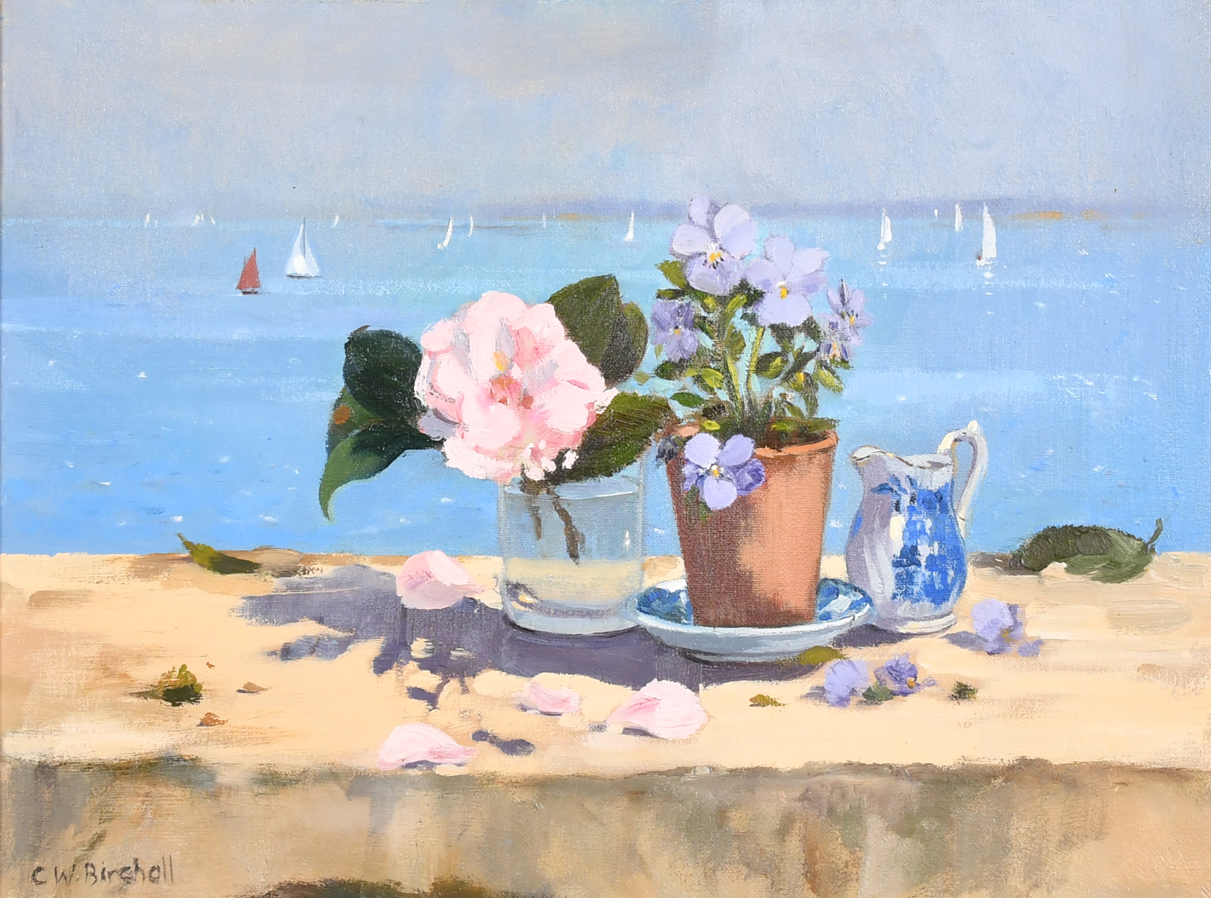 Christine W Birchall (20th-21st Century) British. "Spring Flowers by the Solent", Oil on canvas,