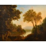 Early 19th Century English School. Figures Fishing in a River Landscape, Oil on canvas, 14" x 17.25"