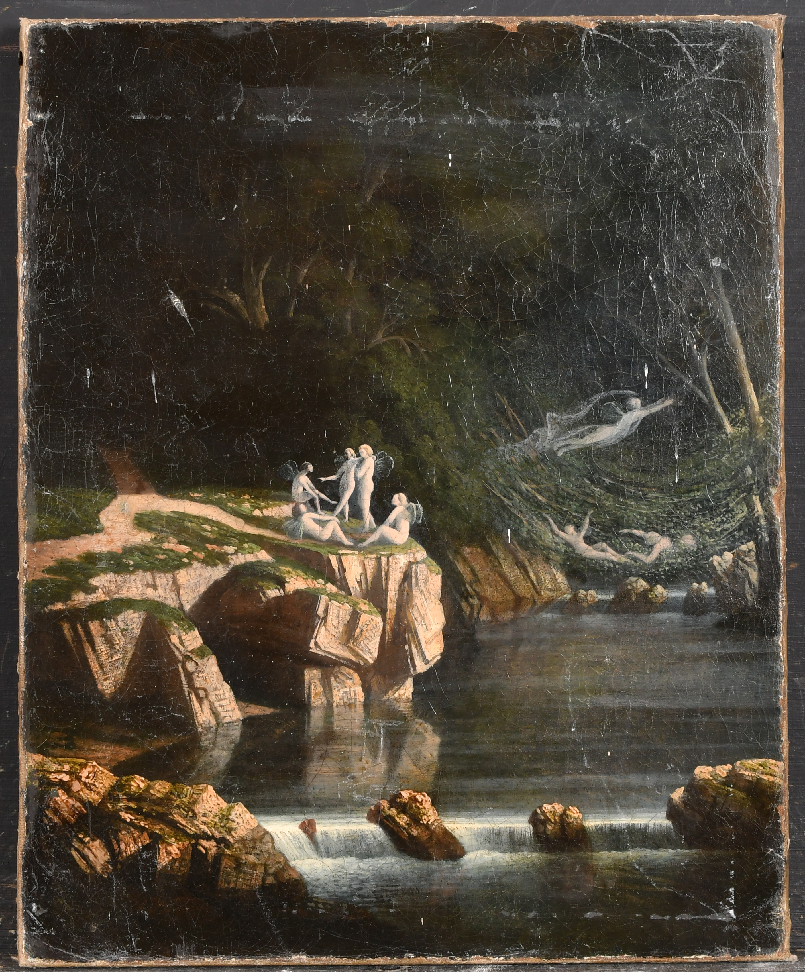 19th Century English School. Fairies in a Fantasy River Landscape, Oil on canvas, unframed 13.5" x - Image 2 of 3
